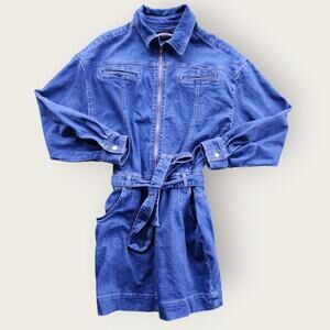 Gabrielle Union New York & Co mini Dress Womens Sz M Denim Zip Front Tie Belt